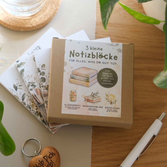 Geschenkset drei kleine Notizblöcke in brauner Kartonverpackung mit Zubehör