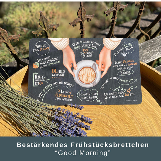 Geschenkset für Freundin: Frühstücksbrettchen Good Morning mit Untersetzer Energie tanken und Holzhalter