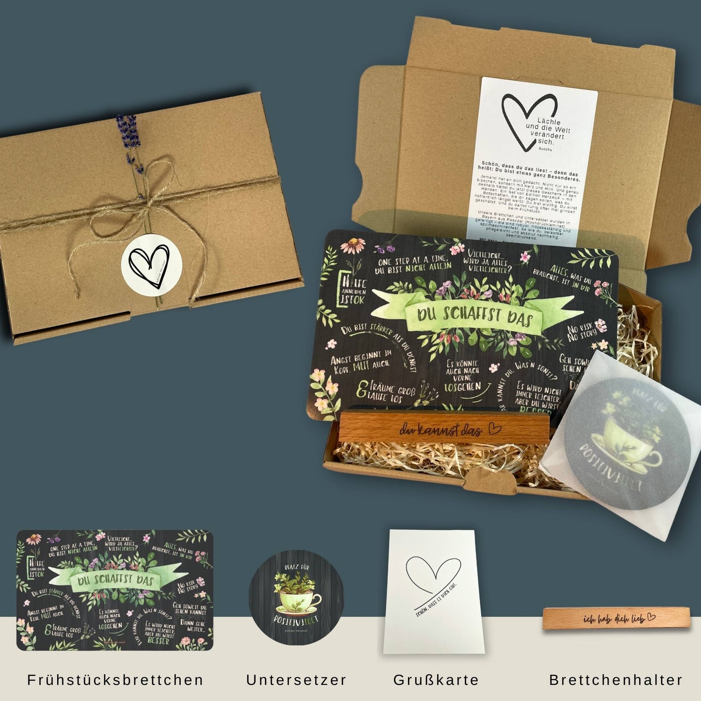 Du schaffst das - Geschenkset: Frühstücksbrettchen + Halter + Untersetzer „Platz für PositiviTeet“