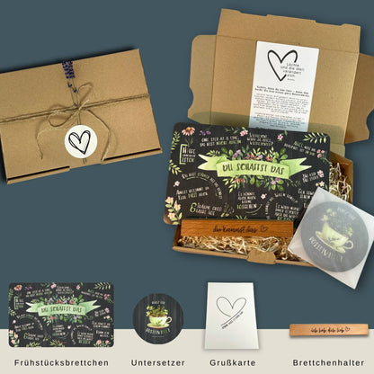 Du schaffst das - Geschenkset: Frühstücksbrettchen + Halter + Untersetzer „Platz für PositiviTeet“