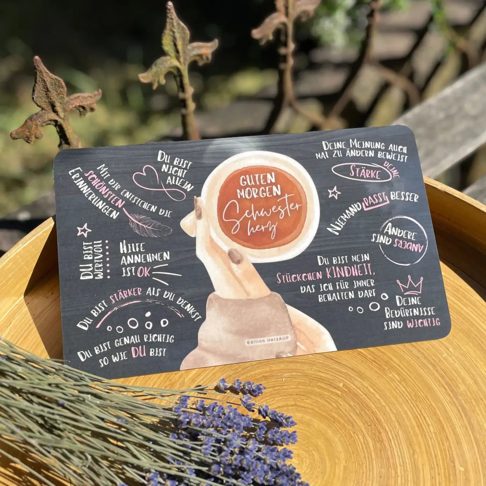 Grühstücksbrettchen mit Spruch Guten Morgen Schwesterherz als Geschenk für die Schwester