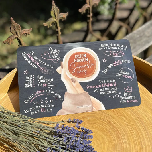 Grühstücksbrettchen mit Spruch Guten Morgen Schwesterherz als Geschenk für die Schwester