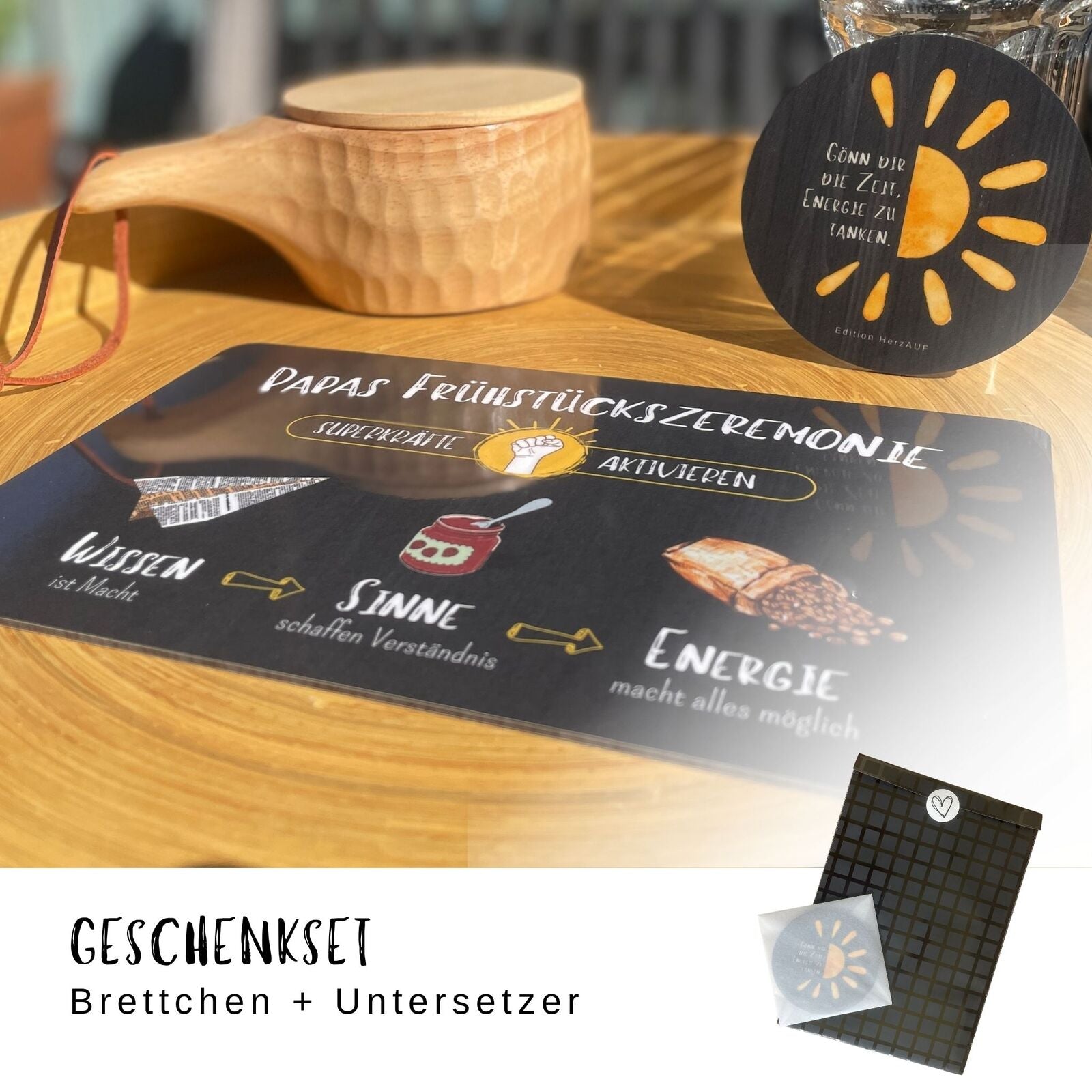 Papa Geschenk, das Superkräfte aktiviert – Bester Papa Frühstücksbrettchen mit Untersetzer als Geschenkset
