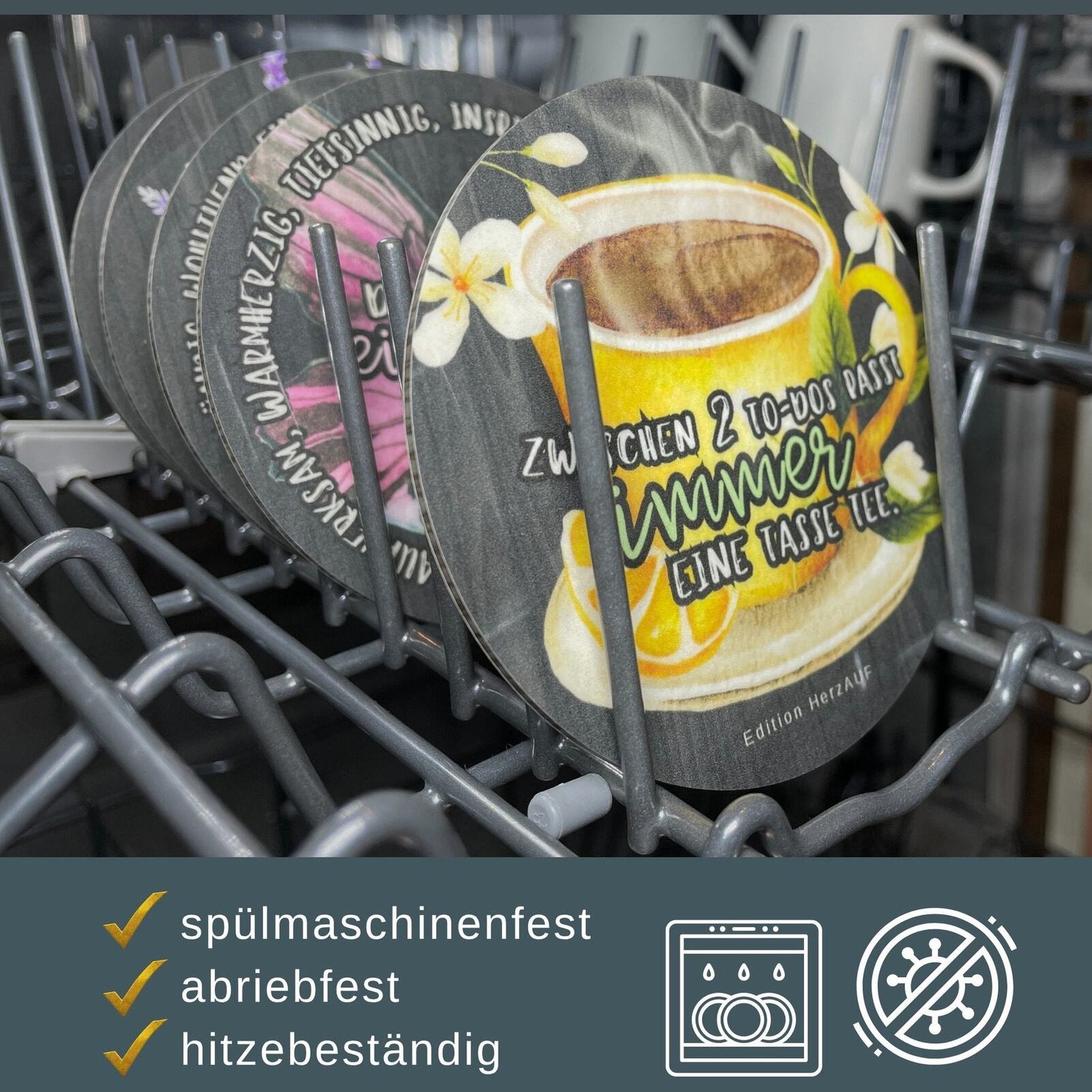 Tee-Untersetzer „Zwischen 2 To-Dos passt immer eine Tasse Tee“ | Entschleunigungsgeschenk Freunde oder Kollegen - spülmaschinenfest