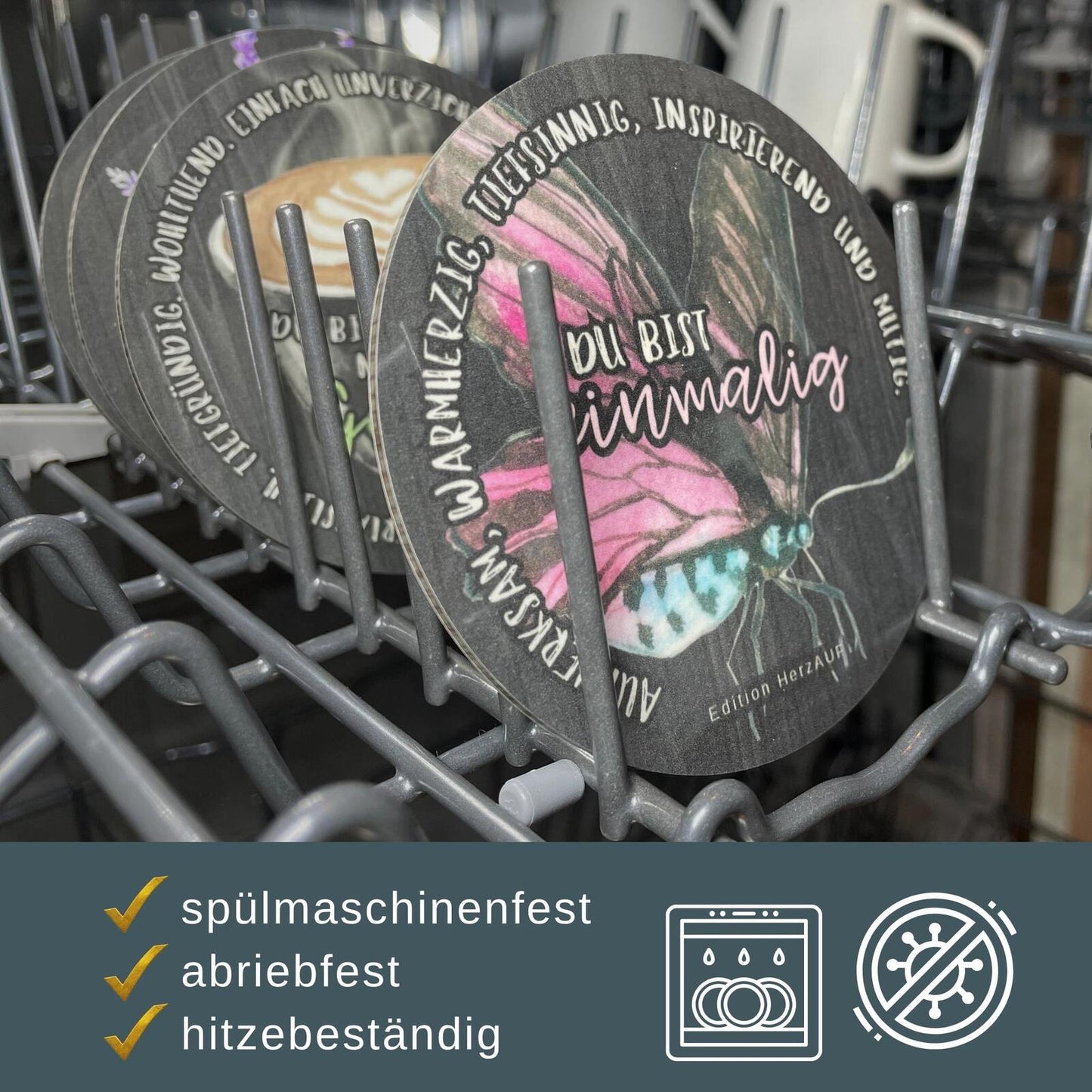 Kleines Danke Geschenk für Frauen- Getränkeuntersetzer DU BIST EINMALIG - spülmaschinenfest