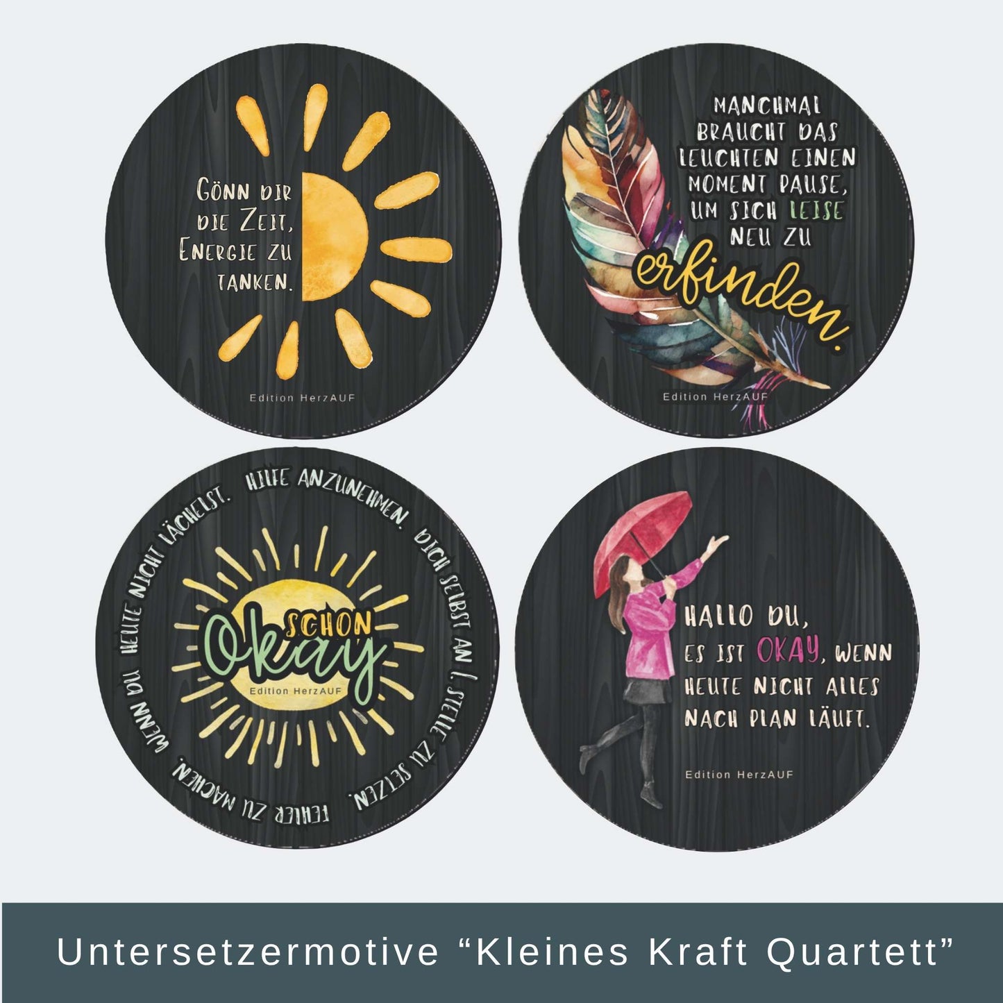 Kleines Kraftquartett – 4 Untersetzer mit stärkenden Botschaften für schwere Tage
