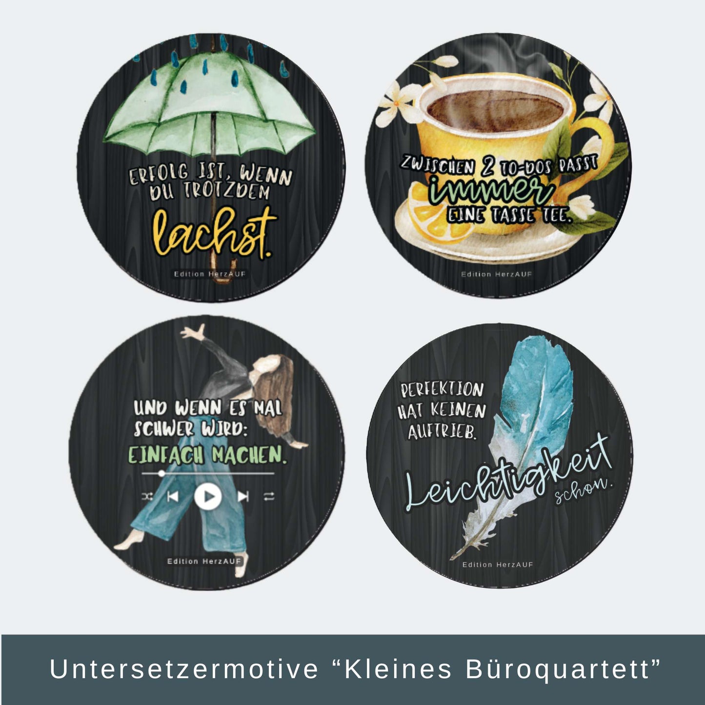 Kleines Büroquartett – 4 Untersetzer für Motivation, Humor und gute Stimmung im Arbeitsalltag