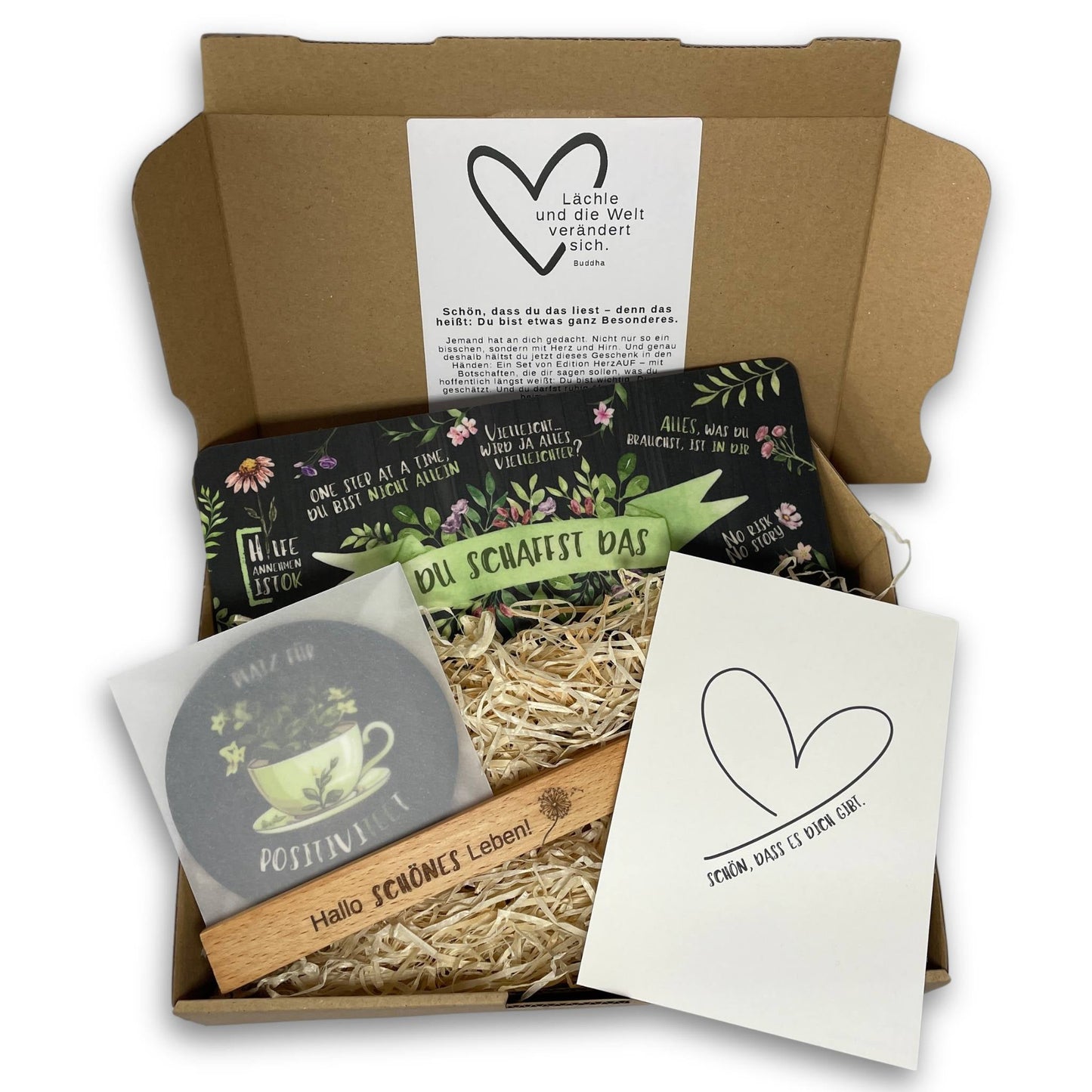 Du schaffst das - Geschenkset: Frühstücksbrettchen + Halter + Untersetzer „Platz für PositiviTeet“