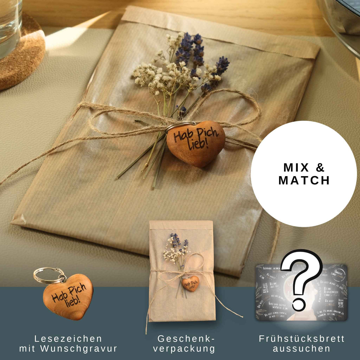Mix & Match Geschenkset mit Frühstücksbrettchen und Herz-Schlüsselanhänger