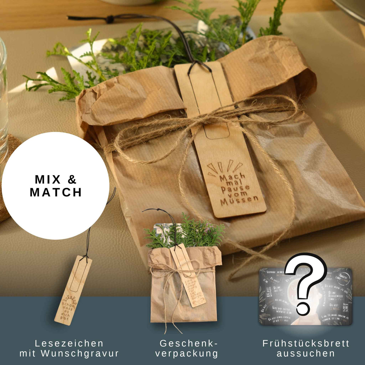 Grafik zum Mix & Match Set: Lesezeichen, Verpackung und Brettchen wählen