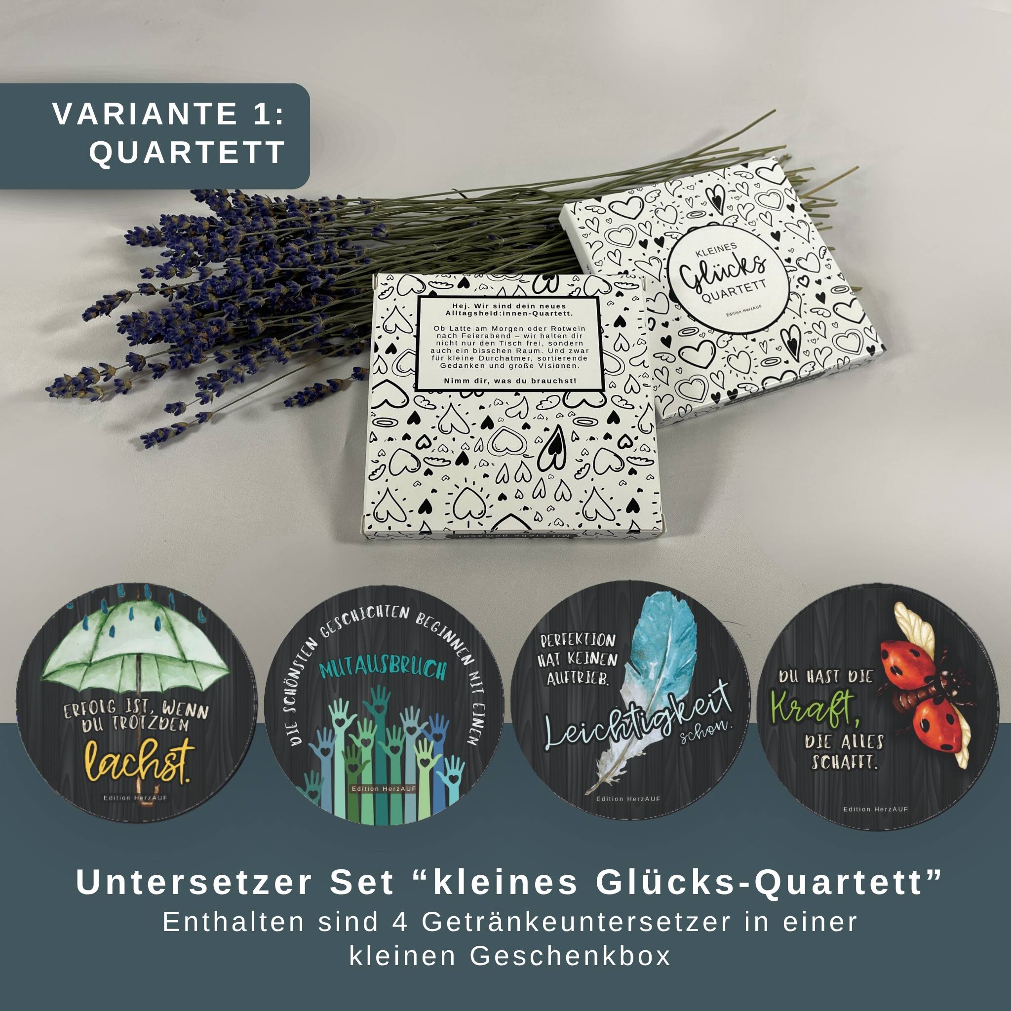 Untersetzer Geschenkset „Glücksmomente“ ist ein liebevoll gestaltetes Set, das Mut macht, Zuversicht schenkt und kleine Alltagsmomente mit Leichtigkeit füllt.