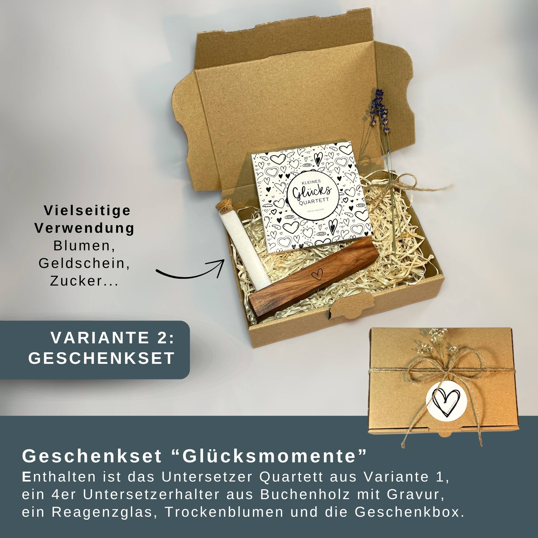 4er Untersetzer Geschenkset „Glücksmomente“ – 4 Getränkeuntersetzer mit individuellem Buchenholz-Halter in Geschenkbox