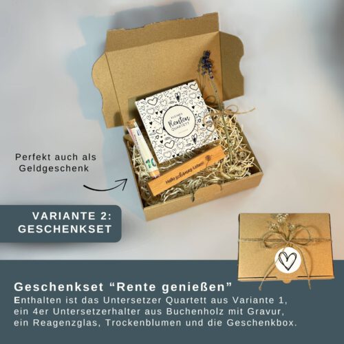 4er Untersetzer Geschenkset „Rente genießen“ – 4 Getränkeuntersetzer mit individuellem Holzhalter in Geschenkbox als Geldgeschenk zum Renteneintritt Frau