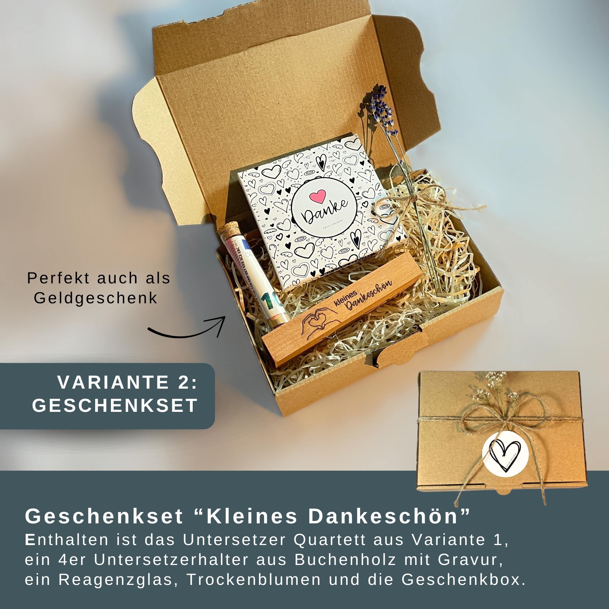4er Untersetzer Geschenkset „Kleines Dankeschön“ –4 Getränkeuntersetzer mit individuellem Holzhalter, kreatives Geldgeschenk zum Danke sagen