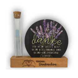 4er Untersetzer Geschenkset „Kleines Dankeschön“ –4 liebevolle Getränkeuntersetzer und individuellem Holzhalter als kreatives Geldgeschenk zum Danke sagen