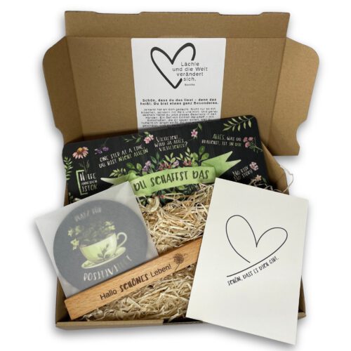 Du schaffst das Geschenkset: Frühstücksbrettchen mit Halter und Untersetzer