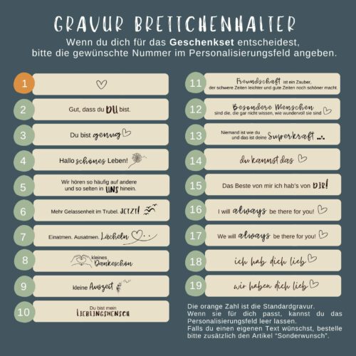 Geschenkset für Schwiegertochter – Frühstücksbrett „Guten Morgen Schwiegertochter“ mit Untersetzer „Du bist einmalig“ mit Halter aus Buche – Bild 9