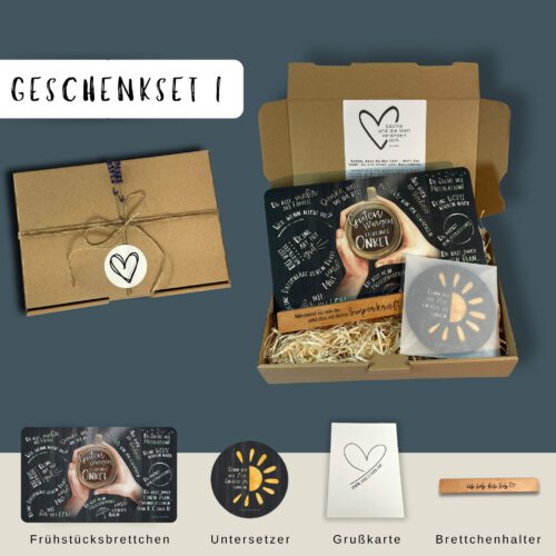 Geschenkset für Onkel – Frühstücksbrett „Guten Morgen Lieblingsonkel“ mit Getränkeuntersetzer & individualisierbarem Halter aus Buchenholz