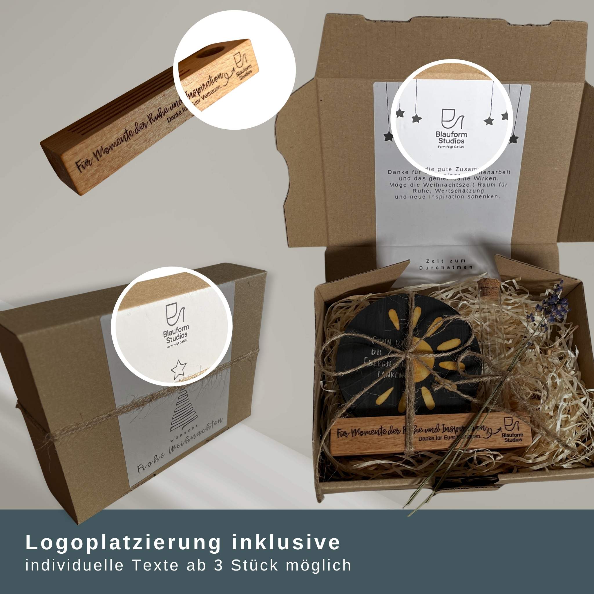 Nachhaltiges Kundengeschenk „Momente der Inspiration“ - 4 Untersetzer & gravierter Holzhalter – Bild 12