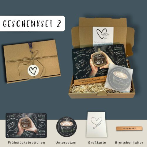 Geschenkset für Onkel – Frühstücksbrett „Guten Morgen Lieblingsonkel“ mit Getränkeuntersetzer & individualisierbarem Halter aus Buchenholz