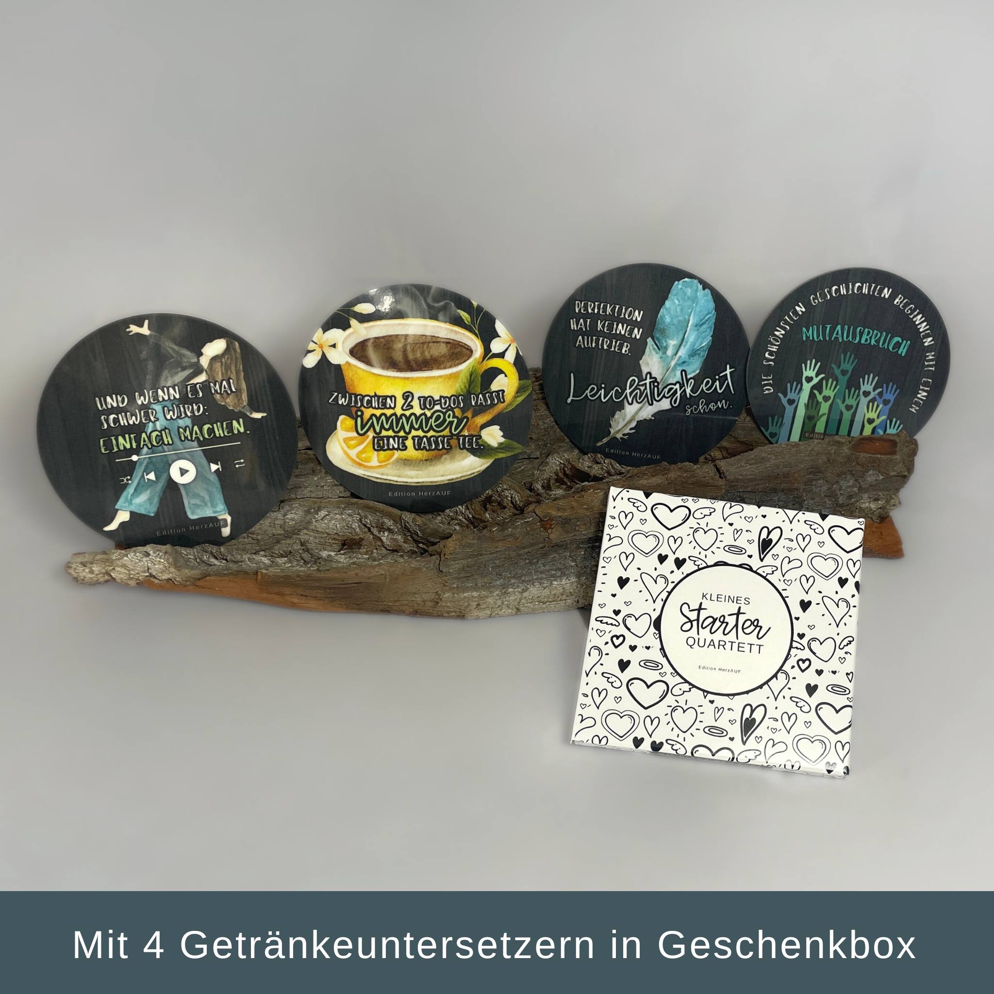 Kleines Startetquartett - 4 Untersetzer zum Jobwechsel, Umzug oder Geschäftseröffnung
