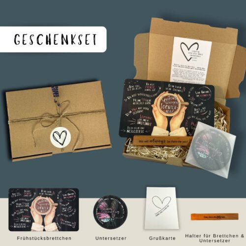 Geschenkset Tochter – Frühstücksbrett „Guten Morgen Tochterherz“ + Untersetzer „Du bist einmalig“ mit Buchenholz-Halter - Weihnachtsgeschenk