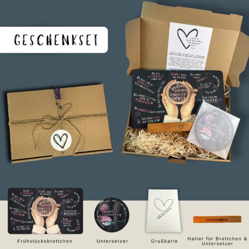 Geschenkset für Schwiegertochter – Frühstücksbrett „Guten Morgen Schwiegertochter“ mit Untersetzer „Du bist einmalig“ mit Halter aus Buche