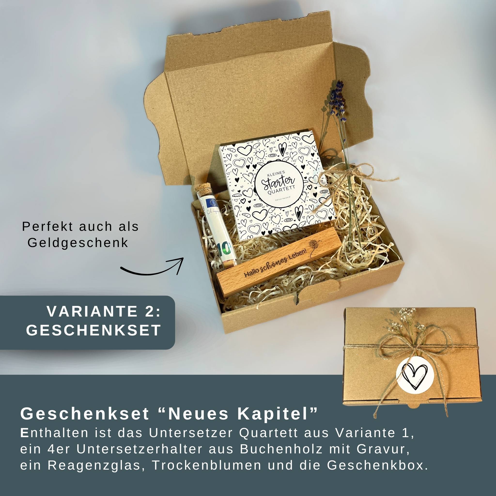 4er Untersetzer Geschenkset „Neues Kapitel“ – 4 inspirierende Getränkeuntersetzer mit individuellem Holzhalter zum Neustart, Jobwechsel, Einzug, Geschäftseröffnung