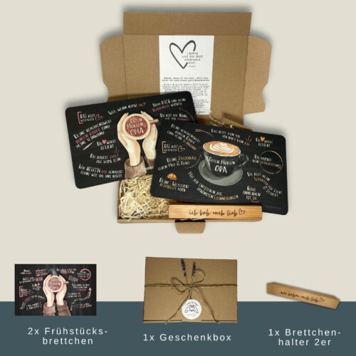 Geschenkset für Großeltern: liebevolles Frühstücksbrettchen-Set für Oma und Opa mit individualisierterem Halter in Geschenkverpackung