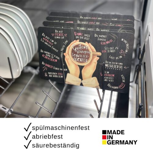 Geschenkset für Schwiegertochter – Frühstücksbrett „Guten Morgen Schwiegertochter“ mit Untersetzer „Du bist einmalig“ mit Halter aus Buche – Bild 5