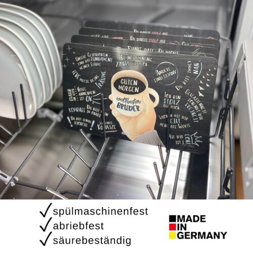 Geschenkset für Bruder: Frühstücksbrett „Guten Morgen Bruderherz“, Getränkeuntersetzer mit Halter aus Buchenholz - Weihnachtsgeschenk – Bild 6