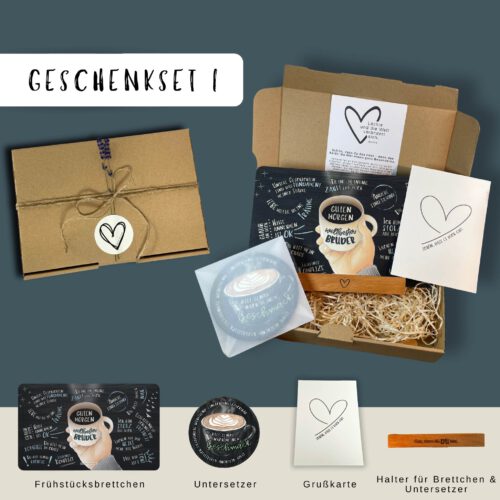 Geschenkset für Bruder: Frühstücksbrett „Guten Morgen Bruderherz“, Getränkeuntersetzer mit Halter aus Buchenholz - Weihnachtsgeschenk