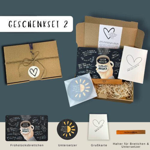 Geschenkset für Bruder: Frühstücksbrett „Guten Morgen Bruderherz“, Getränkeuntersetzer mit Halter aus Buchenholz - Weihnachtsgeschenk